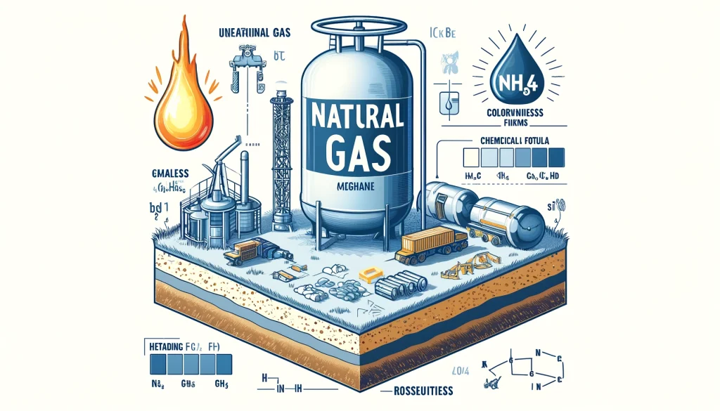Doğalgaz Nedir, Bileşimi ve Özellikleri Nelerdir? Doğalgazın çıkarılması, kimyasal bileşimi ve özelliklerini gösteren bir görsel. Doğalgazın kimyasal formülü (CH4), özellikleri ve yaygın kullanım alanları yer almaktadır.