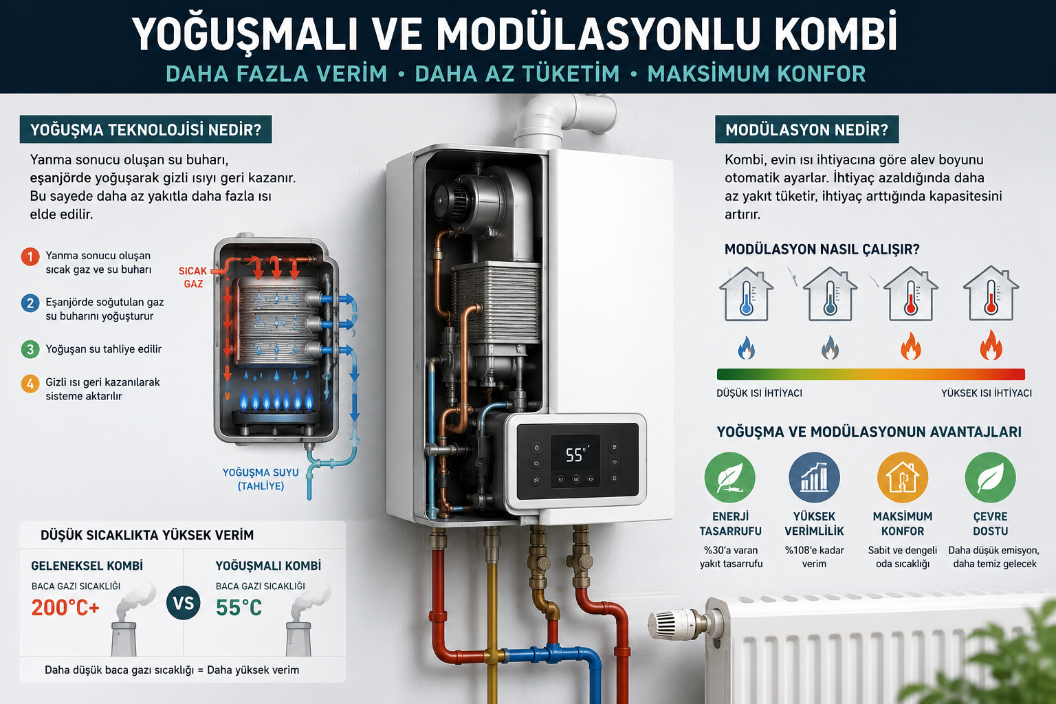 Yoğuşmalı ve modülasyonlu kombi çalışma sistemi, enerji verimliliği ve düşük sıcaklıkta yüksek verim sağlayan modern kombi teknolojisi
