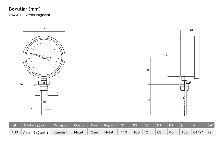 Komple-Paslanmaz-Bi-Metal-Sıcaklık-Ölçerlere ait teknik resim ve ürün ölçüleri