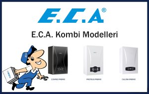 ECA kombi modelleri, siyah Confeo Premix, beyaz Proteus Premix ve beyaz Calora Premix kombiler ile birlikte E.C.A. maskotu görseli.