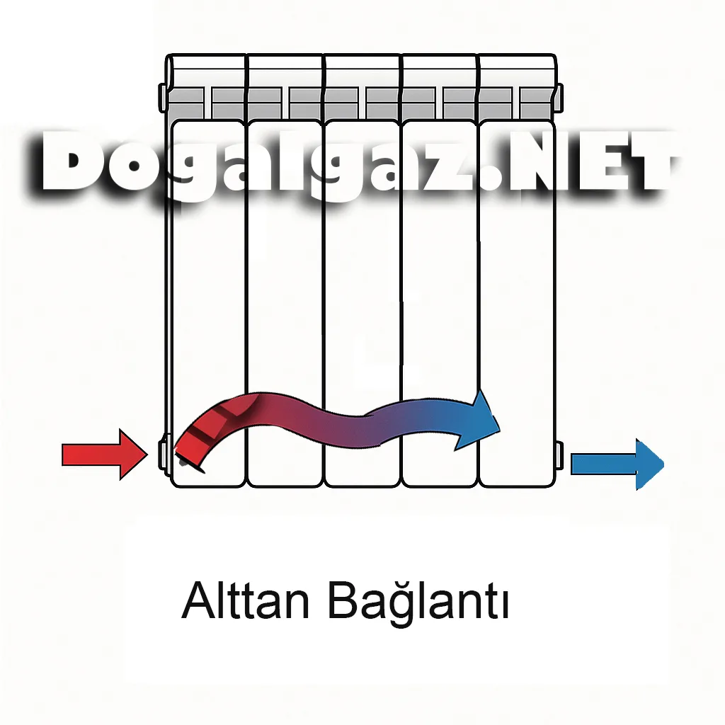 Radyatör alttan bağlantı şeması – sıcak suyun alt bölgeden giriş yapıp panel içinde yatay ilerleyerek dönüş hattına ulaştığı akış diyagramı.