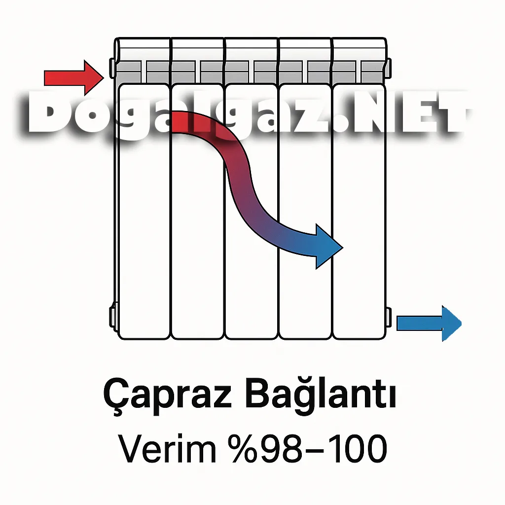 Çapraz radyatör, petek bağlantı şeması, sıcak suyun üstten girip karşı alt köşeden çıktığı en verimli bağlantı tipinin teknik çizimi.