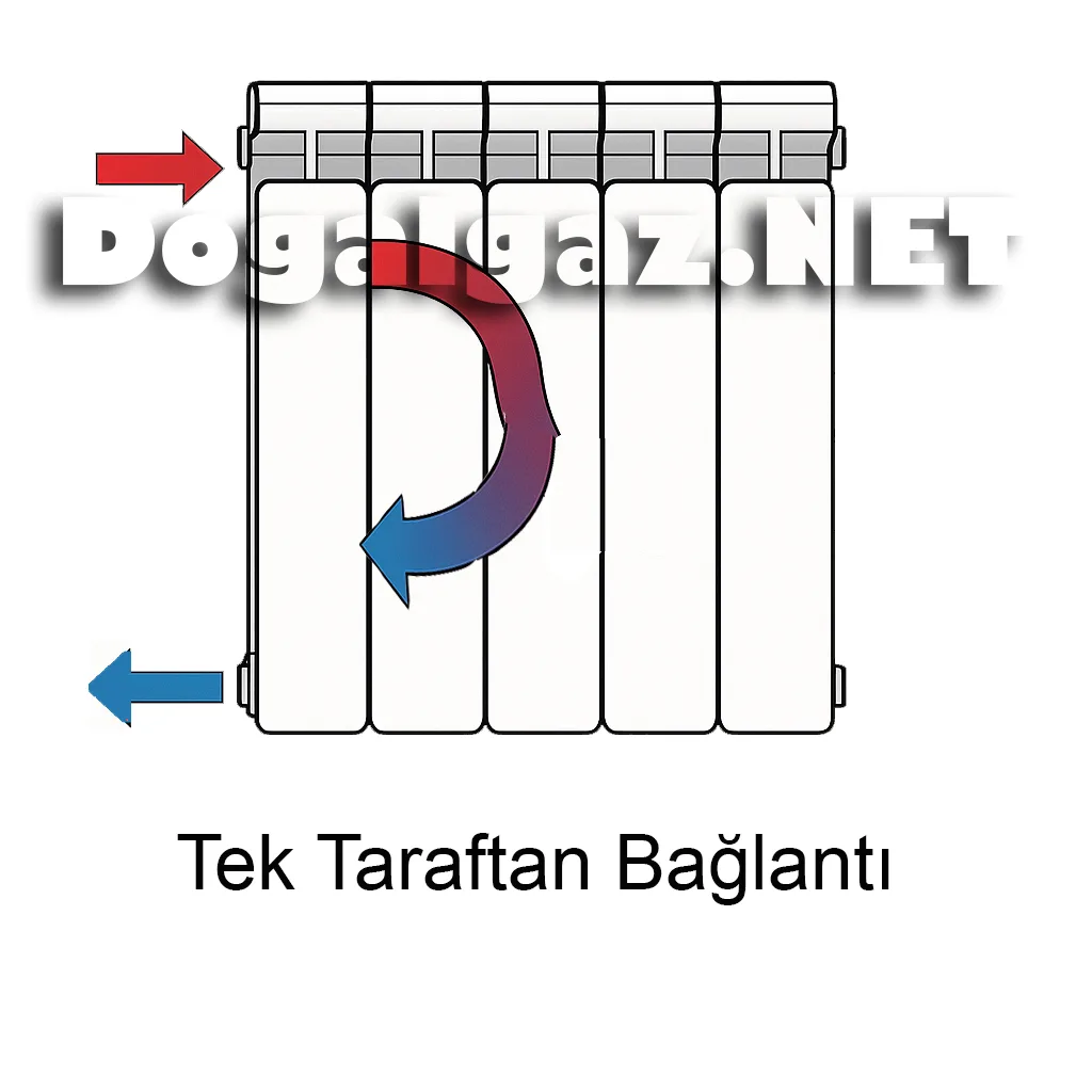 Radyatör tek taraftan bağlantı şeması – sıcak suyun aynı taraftaki girişten girip alt çıkıştan çıktığı akış gösterimi.