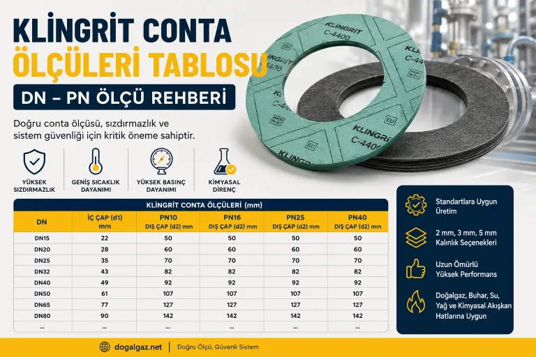 DN ve PN değerlerine göre hazırlanmış klingrit conta ölçüleri tablosu. Flanş Contalarına ait tablo