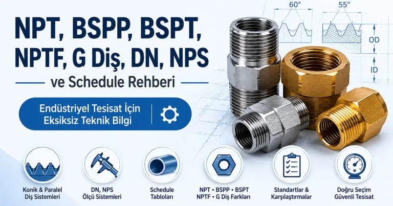 NPT, BSPP, BSPT, DN, NPS ve pipe thread standartlarını karşılaştıran endüstriyel tesisat teknik rehber infografiği