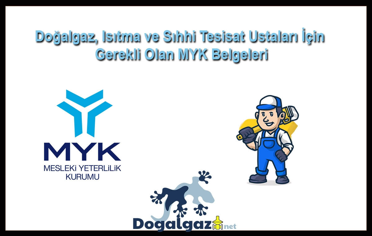 Doğalgaz, Isıtma ve Sıhhi Tesisat Ustaları İçin Gerekli Olan MYK Belgeleri; MYK logosu, tesisat ustası karikatürü ve Dogalgaz.net logosu. Mesleki Yeterlilik Belgeleri