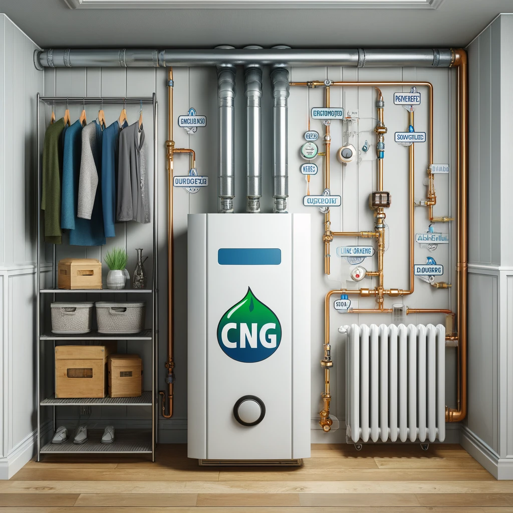 CNG ile çalışan ev ısıtma sistemi ve radyatörler.