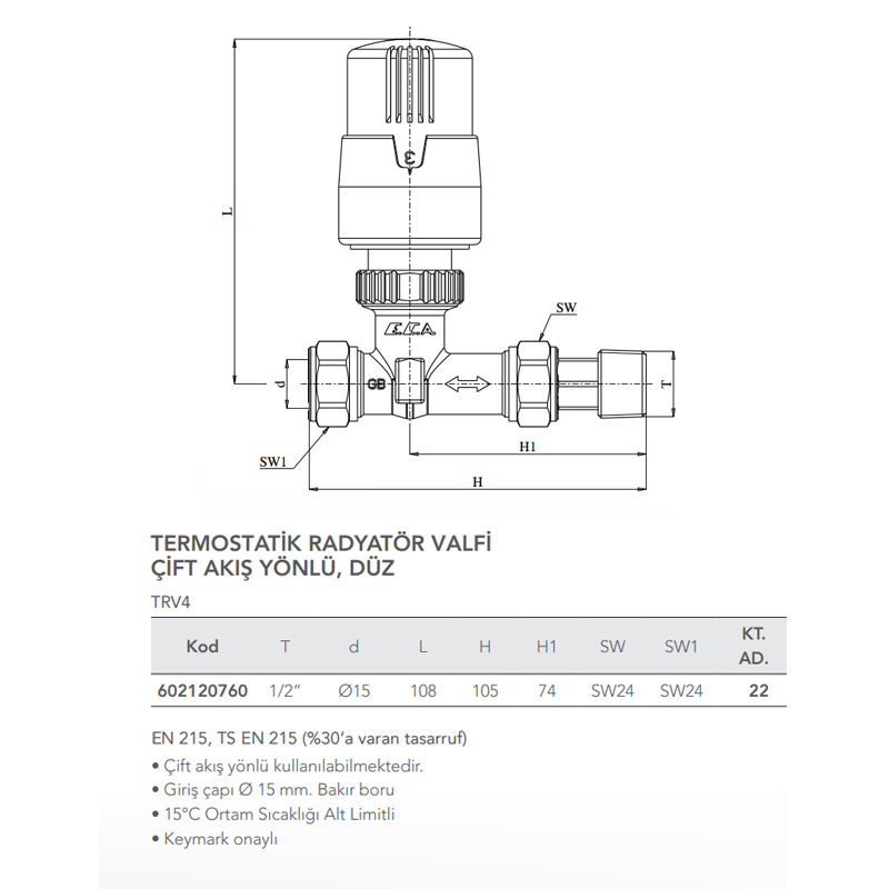 Eca Trv4 Termostatik Radyatör Vanası Çift Akış Yönlü Düz 602120760 Teknik Çizim
