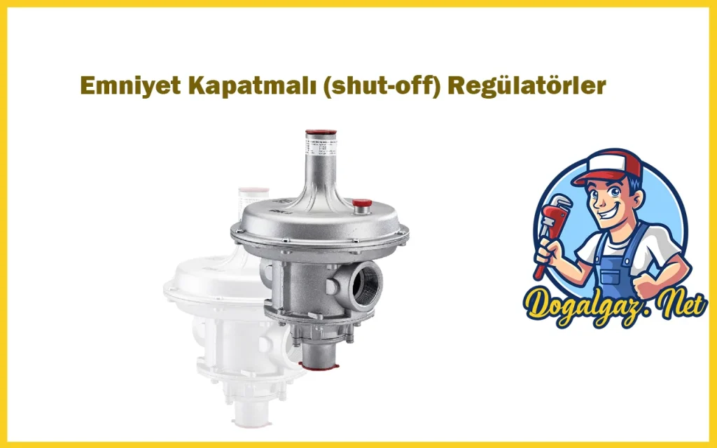 Metalik gri bir emniyet kapatmalı regülatör, sarı ve beyaz zemin üzerine yerleştirilmiş, yanında 'Doğalgaz.Net' logosu bulunan bir resim.