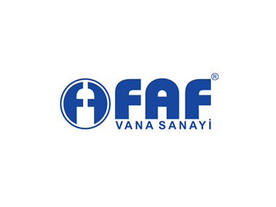 Mavi ve beyaz renkler kullanılarak tasarlanmış, merkezinde endüstriyel bir vana figürü barındıran ve üzerinde 'FAF Vana Sanayi' yazısı bulunan şirket logosu.