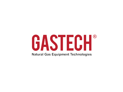 Gastech markasının logosu, kırmızı ve siyah renklerde 'GASTECH' yazısı ve sloganı 'Natural Gas Equipments Technologies' ile birlikte. Logo, firmanın doğalgaz sektöründeki teknolojik uzmanlığını ve kaliteli ekipman sunumunu vurgular.