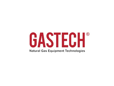 Gastech markasının logosu, kırmızı ve siyah renklerde 'GASTECH' yazısı ve sloganı 'Natural Gas Equipments Technologies' ile birlikte. Logo, firmanın doğalgaz sektöründeki teknolojik uzmanlığını ve kaliteli ekipman sunumunu vurgular.