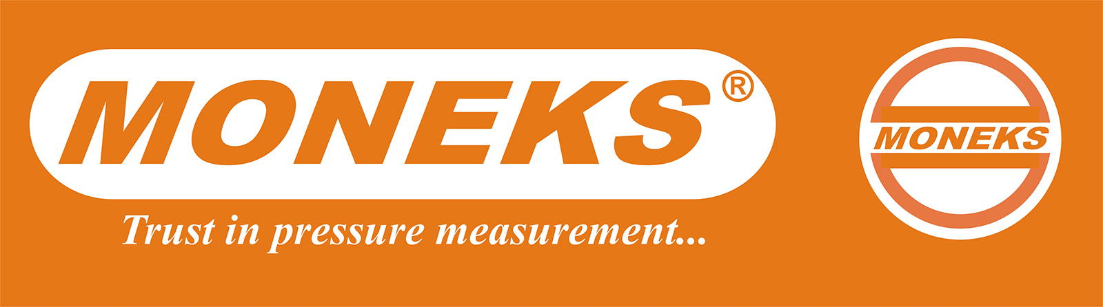 MONEKS logosu, turuncu ve beyaz renklerde, 'Trust in pressure measurement...' sloganıyla birlikte. Logoda 'MONEKS' yazısı büyük harflerle ve markanın basınç ölçüm teknolojilerindeki güvenilirliğine vurgu yapılmaktadır.