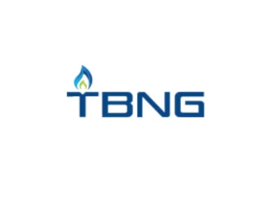 TBNG Trakya Havzası Doğal Gaz Türkiye şirketinin logosu, Logoda büyük harflerle mavi renkle TBNG yazıyor, T harfinin üstünde firmanın faaliyetini belirtmek amacıyla doğalgaz alev simgesi kullanılmış