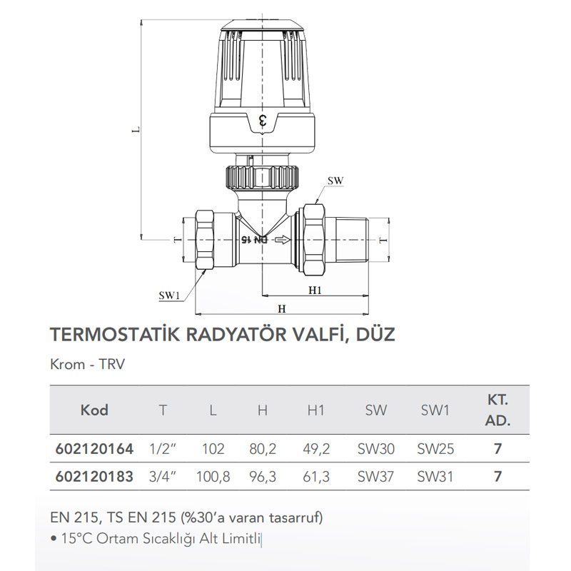 TRV Krom Düz Termostatik Radyatör Vanası ECA 602120164 teknik çizim