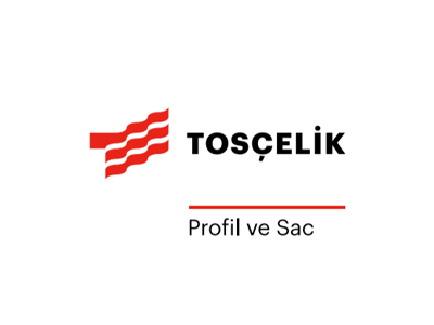 Tosçelik Profil ve Sac Endüstrisi A.Ş. firmasının logosu, kırmızı dalgalı motiflerle enerji ve dinamizmi temsil eden bir grafik ve yanında siyah renkte 'TOSÇELİK' yazısı ile 'Profil ve Sac' alt başlığı.