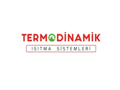 Termodinamik Isıtma Sistemleri logosu, kırmızı renkte büyük harflerle yazılmış "TERMODİNAMİK" yazısı ile yeşil renkte bir ok sembolü içeren modern bir tasarıma sahiptir.
